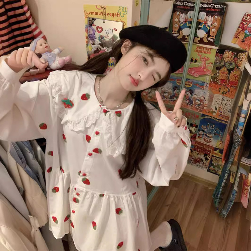 Spring and Summer 2024 New Sweet Korean Long Sleeve dress Women's Strawberry Heavy Industry Printed Doll Collar Loose Short Skirt