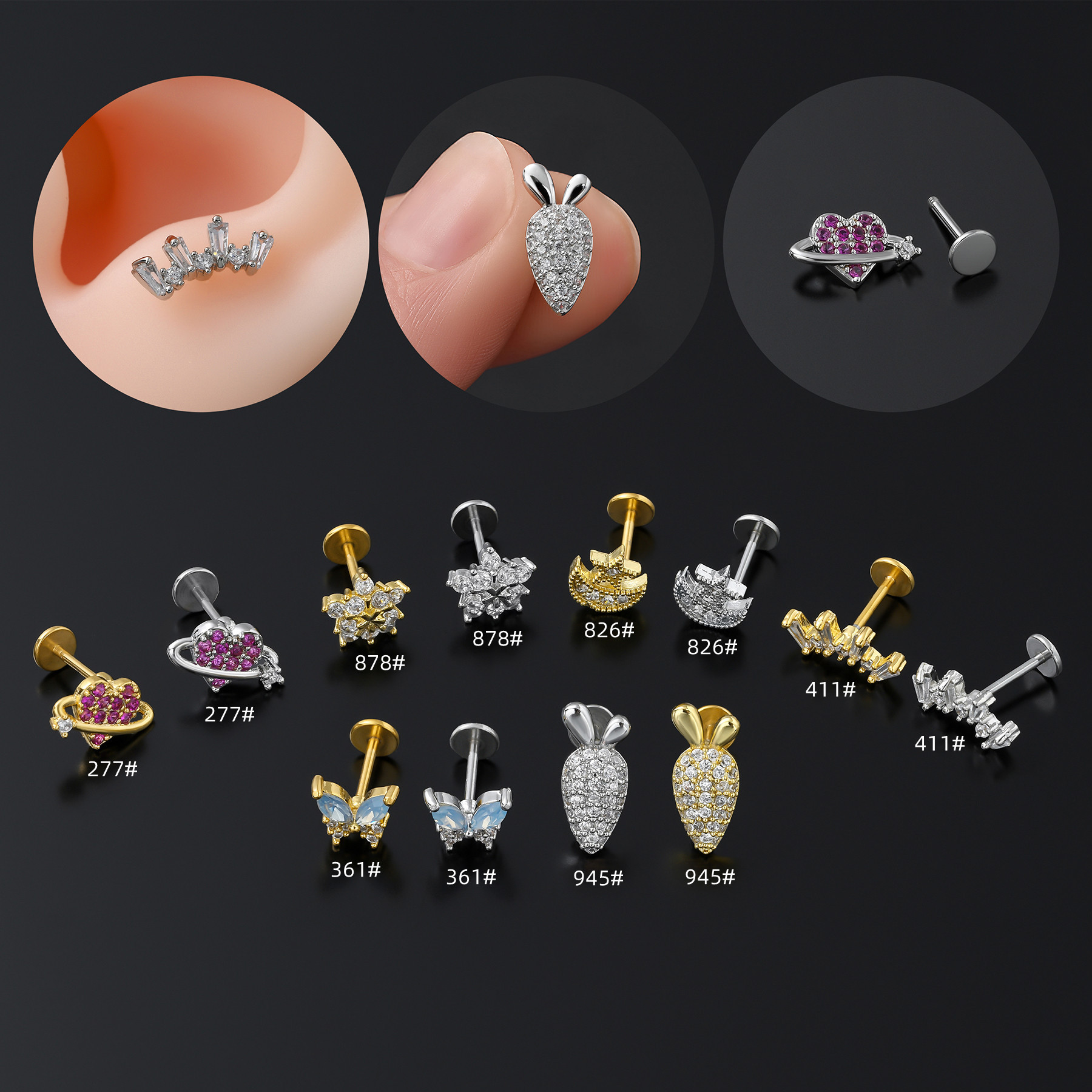 European and American piercing stainless steel rod zircon lip nail flat bottom threaded cartilage nail removable simple trendy ear jewelry wholesale