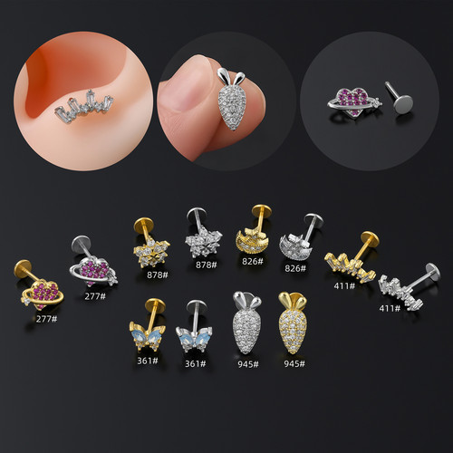 European and American piercing stainless steel rod zircon lip nail flat bottom threaded cartilage nail removable simple trendy ear jewelry wholesale