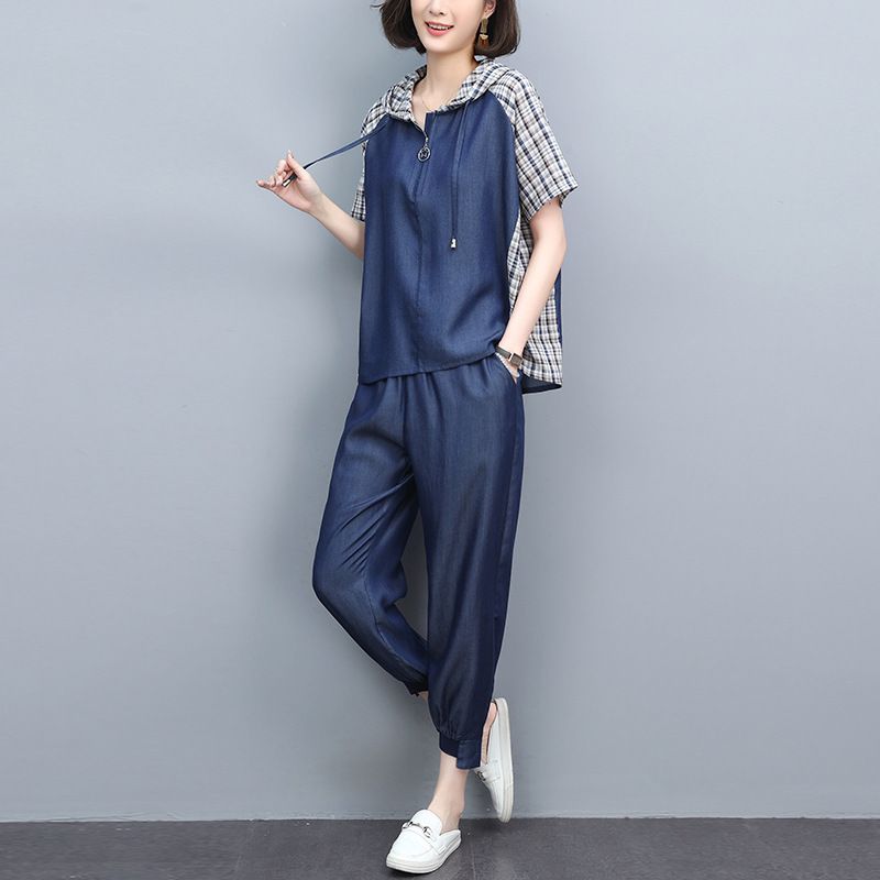 Tencel Jeans suit Summer Middle-aged Mother Loose Western-style Royal Sister plus size Casual Slimming Two-piece Set