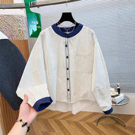 2025韩系超好看撞色圆领条纹长袖衬衫女秋高级感chic别致上衣气质