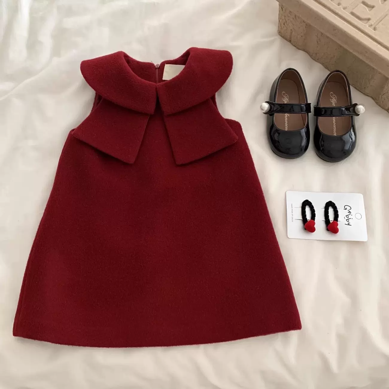 柠里圣诞女童连衣裙新款秋冬洋气儿童蝴蝶结毛呢公主裙宝宝背心裙