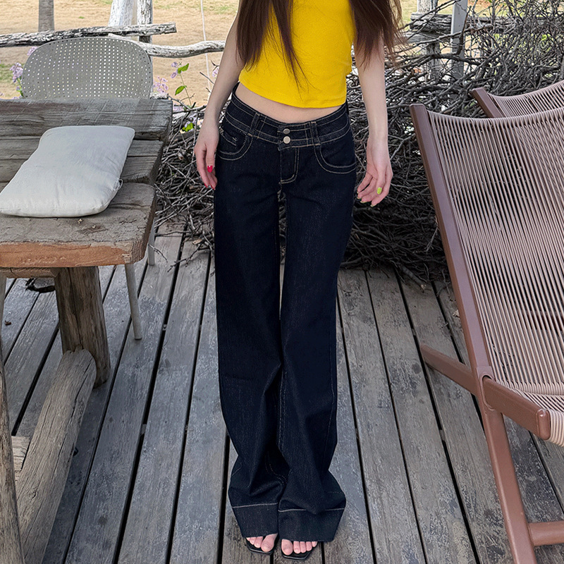 Dark Blue American-Style Flared Jeans for Women, Spring and Autumn Vintage Double-Button Low-Waist Flared Pants, Non-Tight Narrow-Cut Floor-Length Pants
