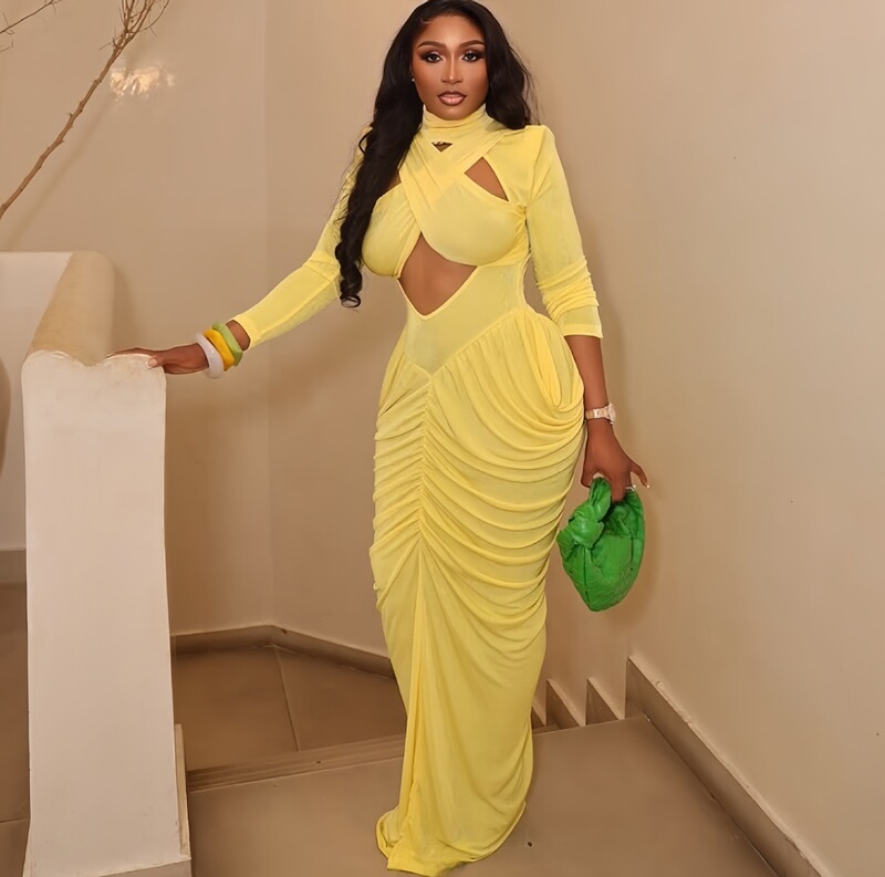 European and American Cross-Border Women's Clothing 2026 Spring New Solid Color Long-Sleeve Stand Collar Hollow-Out Bustier Pleated Long Dress
