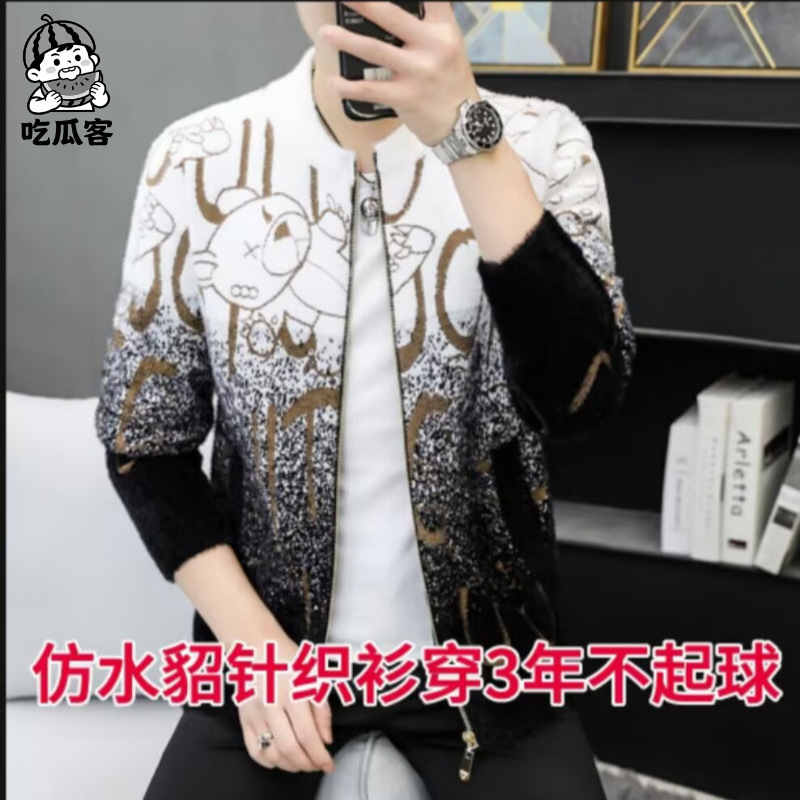 Men's Knitted Cardigan Jacket Spring and Autumn Imitation Mink Youth Men's Casual Jacket 2024 New Autumn Jacket Men's