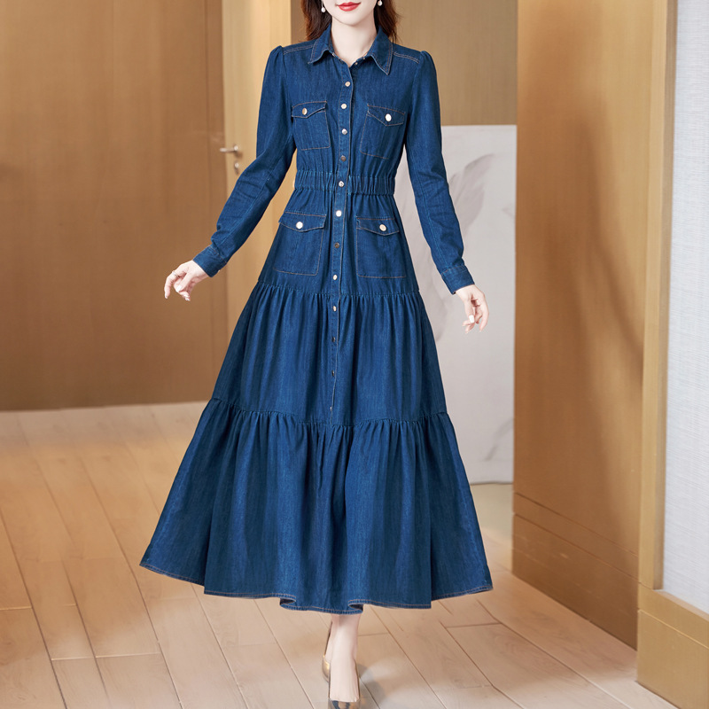 2026 New Summer High-End Denim Dress for Women, Long-Sleeved, Spring and Autumn, Waist-Cinching, Slimming, Elegant Polo Long Dress