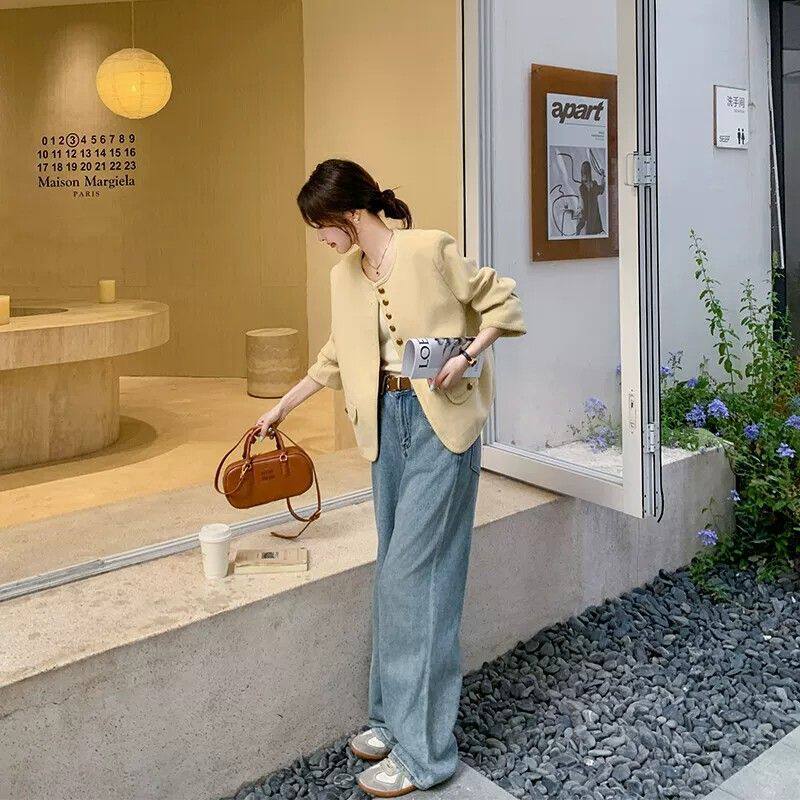 Áo khoác nữ dáng ngắn cổ tròn phong cách retro thanh lịch, form rộng, chất liệu tweed — Ren vàng