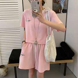 跨境外贸2025夏季新款韩系慵懒风套装女韩版宽松短袖短裤两件套