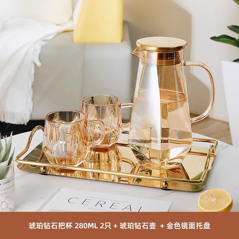 Vaso de cristal de diamante de lujo ligero ámbar, taza de agua para el hogar con asa, taza de té resistente al calor para la sala de estar, juego de taza de agua potable