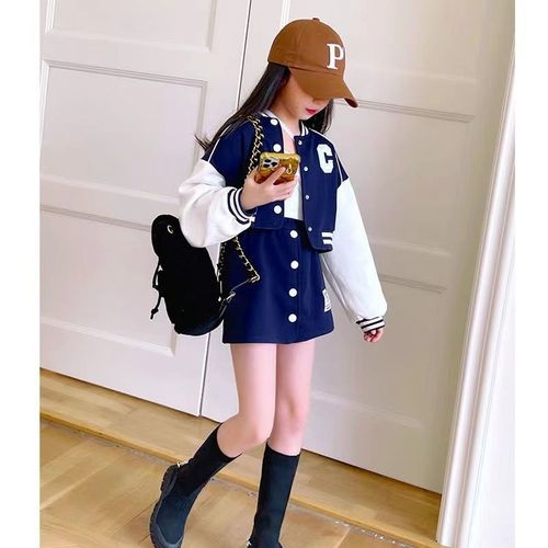 Girls Korean Spring and Autumn Suit  Autumn Big Children Fashion New Button Baseball Uniform Short Skirt Two-piece Set