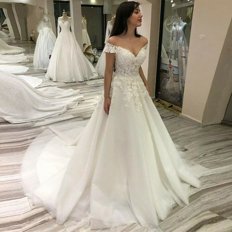Wedding Dress Women 2025 New Bridal Main Yarn One-Shoulder Elegant Lace Flower Mesh Yarn Heavy-duty Trailing Summer Dress