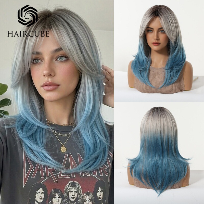 Xuchang Wig for Women, Blue and White Gradient, Daily Cosplay Short Straight Hair, Naturally Fluffy, Holiday Costume Full Wig