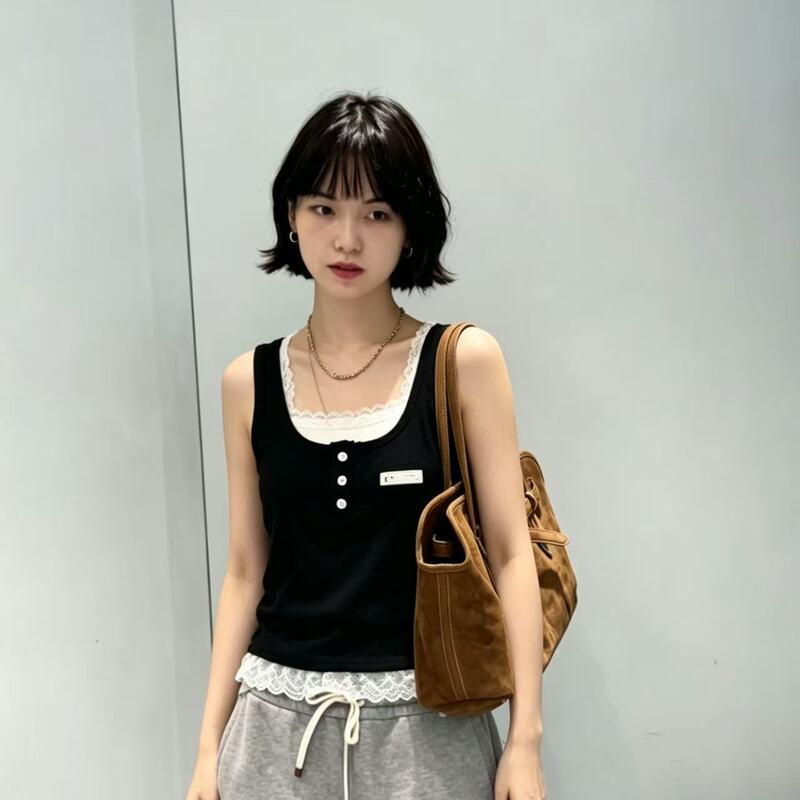 Pure Desire Style Hot Girl Lace Fake Two-Piece Knitted Vest for Women 2026 Summer New Slim Fit Short Top Trend Pure Desire Style Hot Girl Lace Fake Two-Piece Knitted Vest for Women 2026 Summer New Slim Fit Short Top Trend