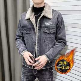 日系复古羊羔绒棉衣男冬季加绒加厚牛仔外套百搭帅气棉服修身棉袄