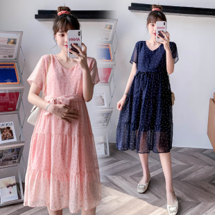 Maternity Wear Polka Dot Chiffon Plus Size Dress 2024 Summer Mid-Length Round Neck Short-Sleeved Maternity Dress