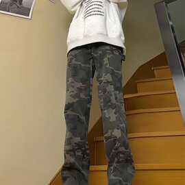 男士美式迷彩牛仔裤男春秋季裤子耐磨直筒宽松工装裤男装青少年