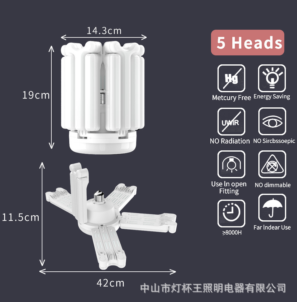 Iluminación LED de garaje interior, lámpara plegable de cinco hojas, lámpara de estilo variable, lámpara LED de ahorro de energía, lámpara de interfaz en espiral, resaltado