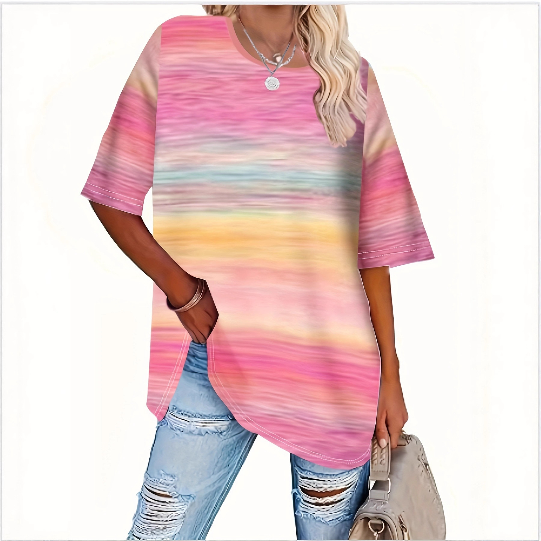 European and American Cross-Border New Amazon Round Neck Short-Sleeved Gradient Color 3D Digital Printing Loose Large Size Women's Tops
