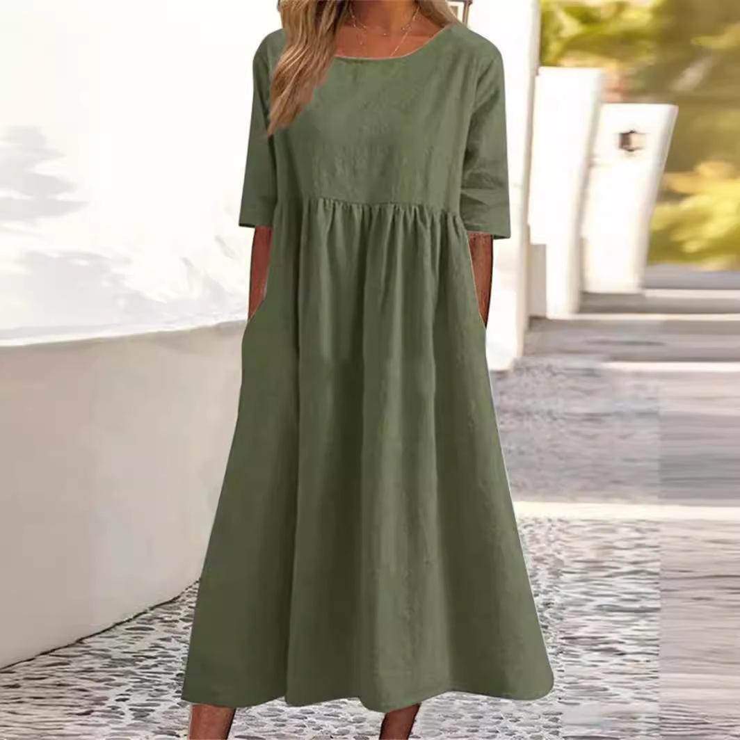 summer long solid color dress with a round collar for leisure