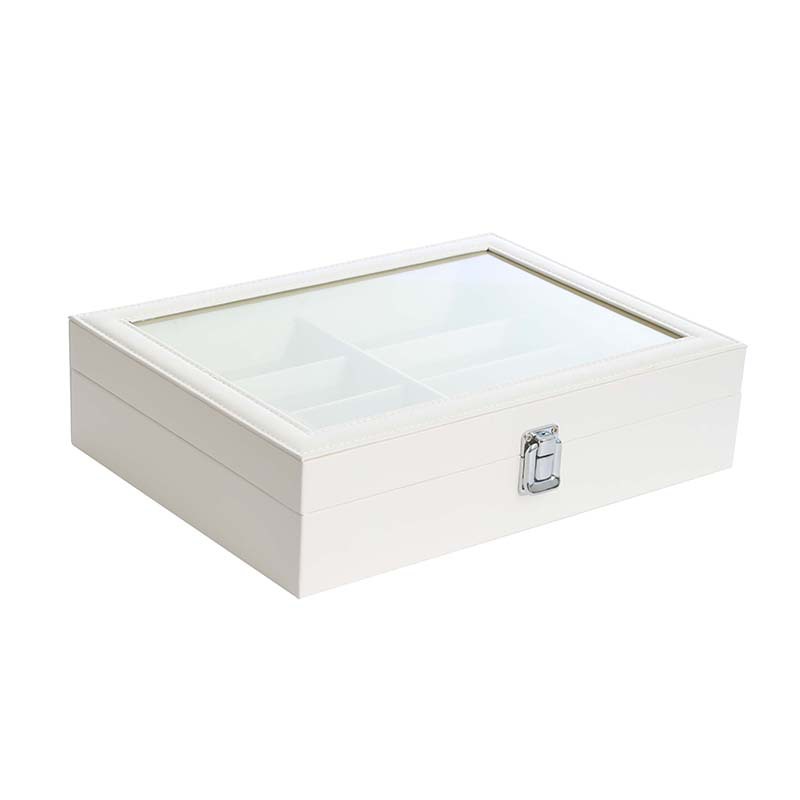 Nuevo producto blanco elegante caja de gafas de cuero de 8 dígitos con cubierta de vidrio caja de visualización de gafas de implantación de plástico para almacenar