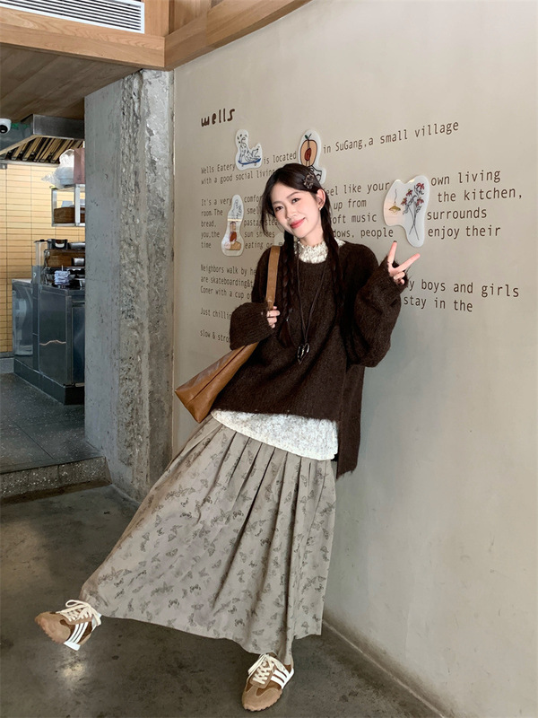 复古慵懒风套装女夏季2025新款针织毛衣蕾丝衫印花半身裙三件套潮|undefined