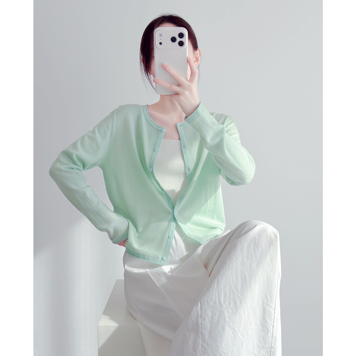 Green 100% Sheep Wool Knit Cardigan for Women, Spring Style, Korean Loose Fit, Slimming Round Neck, Thin Sweater Jacket Top