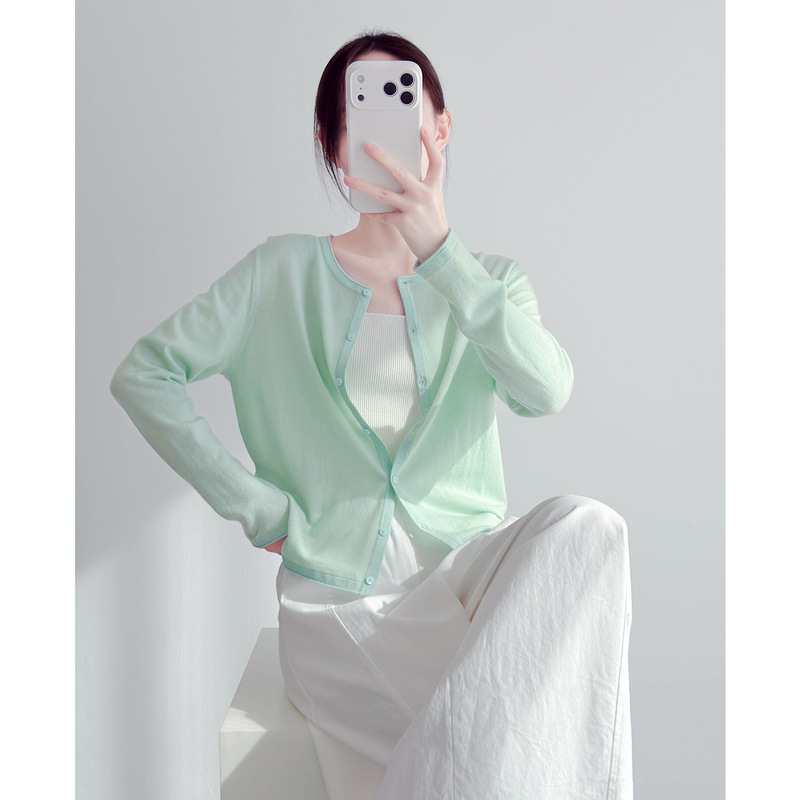 Green 100% Sheep Wool Knitted Cardigan for Women, Spring Style, Korean Style, Loose Fit, Slimming, Round Neck, Thin Sweater Jacket Top Green 100% Sheep Wool Knitted Cardigan for Women, Spring Style, Korean Style, Loose Fit, Slimming, Round Neck, Thin Sweater Jacket Top
