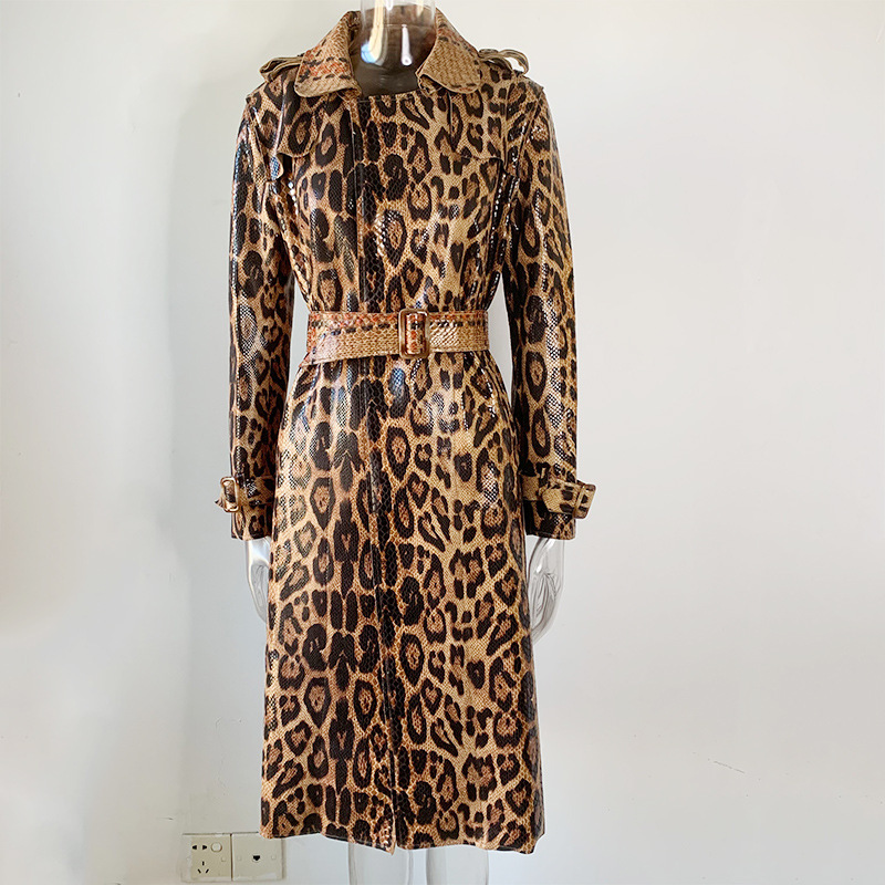 Spring and Autumn Loose Leather-Textured European and American Style Elegant Commuter Brown Long Trench Coat Cardigan with Tie British Leopard Print