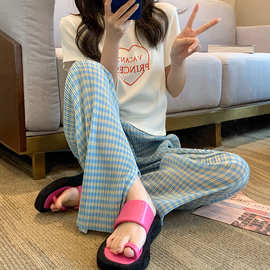 简约格纹设计清新阔腿裤女2025夏新款学生百搭宽松高腰显瘦直筒裤