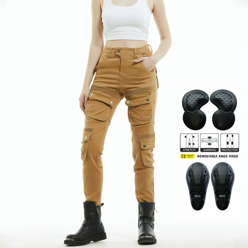 Loong biker motocicleta equitación pantalones de las mujeres Caballero retro casual multi-bolsa motocicleta monos de color caqui
