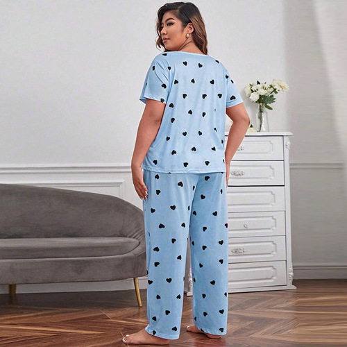 Elegant Oversized European and American Style Women's Sleepwear Loose Short-Sleeve Heart-Printed Long Pants Set Homecoming Pajamas