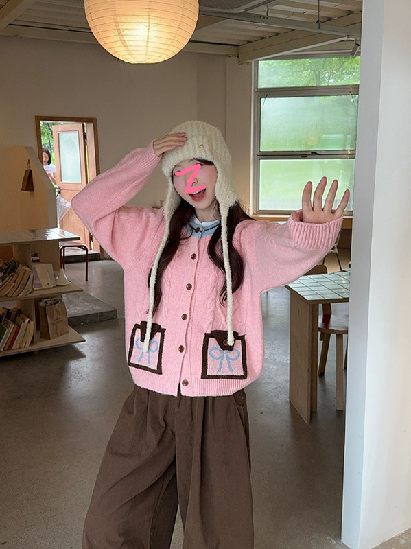 减龄蝴蝶结麻花毛衣撞色开衫女秋冬新款复古软糯慵懒风针织外套潮|undefined