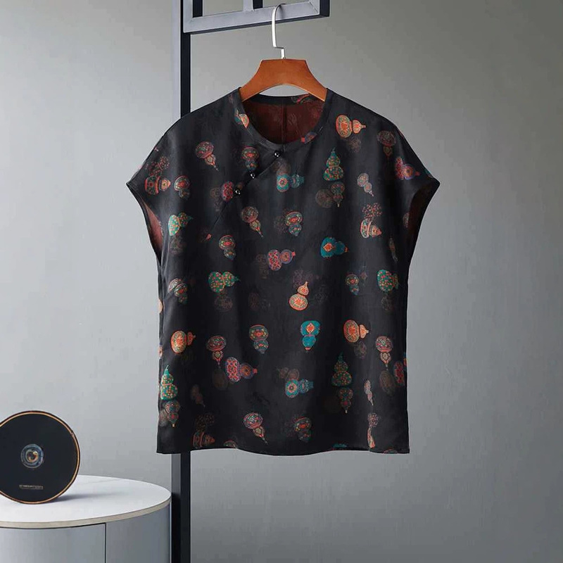 Traditional Silk 23mm Red Cloud Silk Gourd Print Chinese Style Women's Silk Blouse 2025 Summer New Shirt Traditional Silk 23mm Red Cloud Silk Gourd Print Chinese Style Women's Silk Blouse 2025 Summer New Shirt