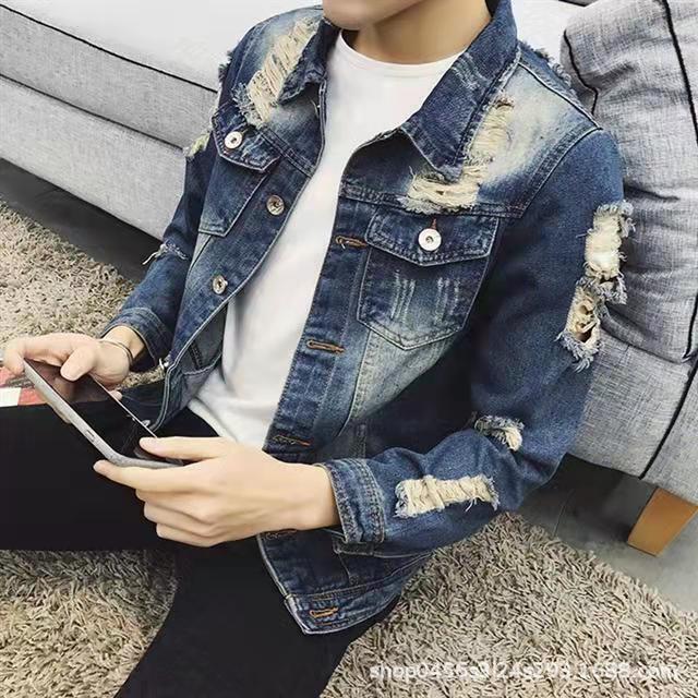 Men's Ripped Denim Jacket Autumn and Winter Jacket Fashionable Handsome Korean Style Distinctive Casual Denim Jacket Work Jacket