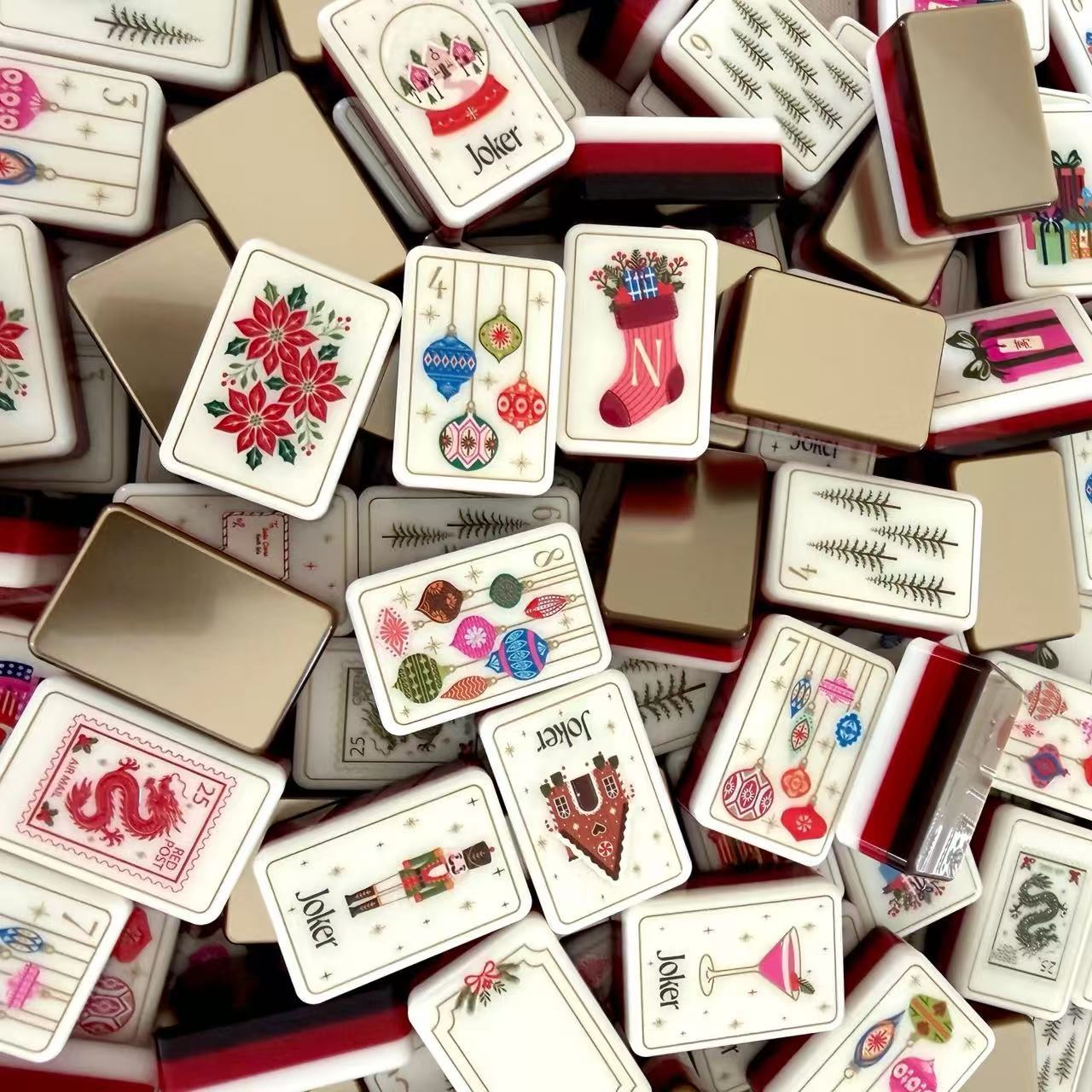 American Mahjong cross-border manufacturer wholesale, golden Christmas mahjong, hand-painted mahjong, mahjong tiles