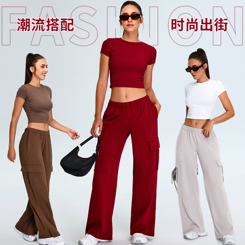 Nuevo conjunto de yoga de manga corta transfronteriza delgado y delgado, herramientas deportivas de ocio para mujeres, pantalones de secado rápido, conjunto de ropa de fitness