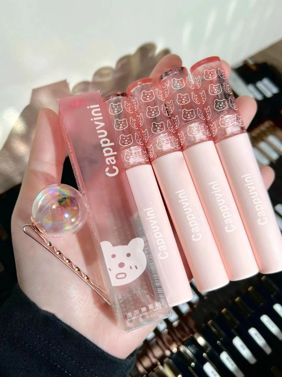 Capo Vini Bubble Bear Lip Gloss Mirror Water Light Glass Pouty Lip Lipstick for Women, affordable student milk tea color Lip gloss undefined