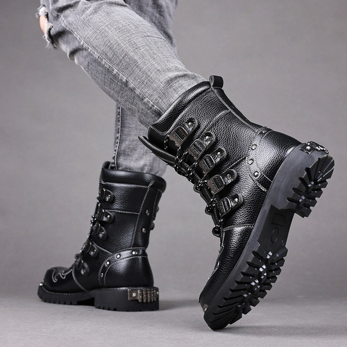 Men's boots for autumn and winter middle-height riding boots, long boots, working boots, men's big-head leather boots, thick sole, large size, long Martin boots, fashionable