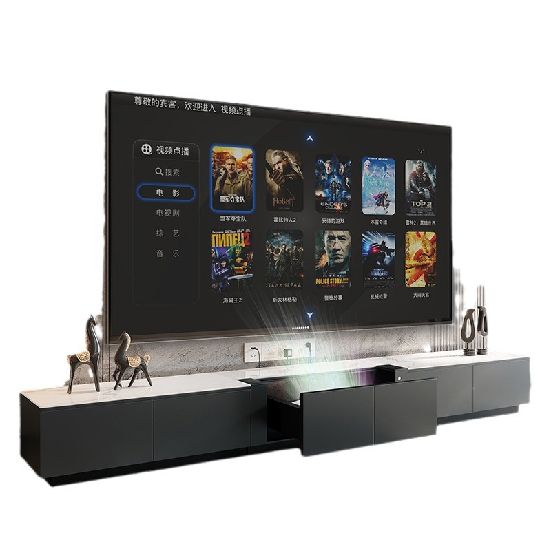 Gabinete de TV láser proyector oculto retráctil eléctrico luz especial piso de lujo gabinete de TV simple Placa de roca gabinete de piso
