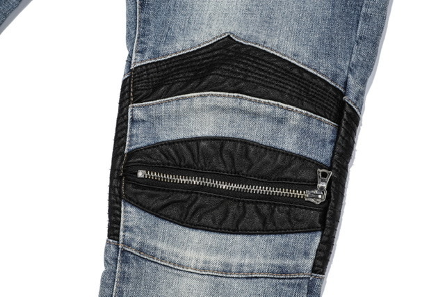 Men's Skinny Stretch Jeans With Leather Patch Motorcycle Style_voghion.com