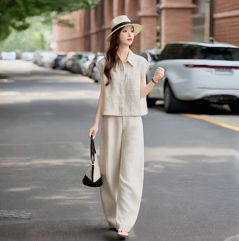 Linen Suit for Women, Summer Sleeveless Shirt, Salt-Style Age-Reducing Outfit, Wide-Leg Pants, Beige Casual Two-Piece Set Linen Suit for Women, Summer Sleeveless Shirt, Salt-Style Age-Reducing Outfit, Wide-Leg Pants, Beige Casual Two-Piece Set