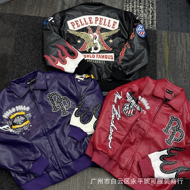 Pelle leather jacket老鹰刺绣机车PU皮衣棉服欧美嘻哈夹克外套男