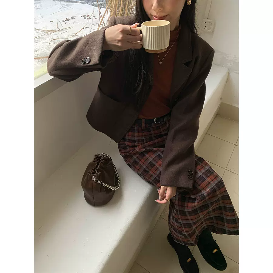 黄峥韩系复古羊毛呢子小西装外套冬季简约气质短外套女145AY913