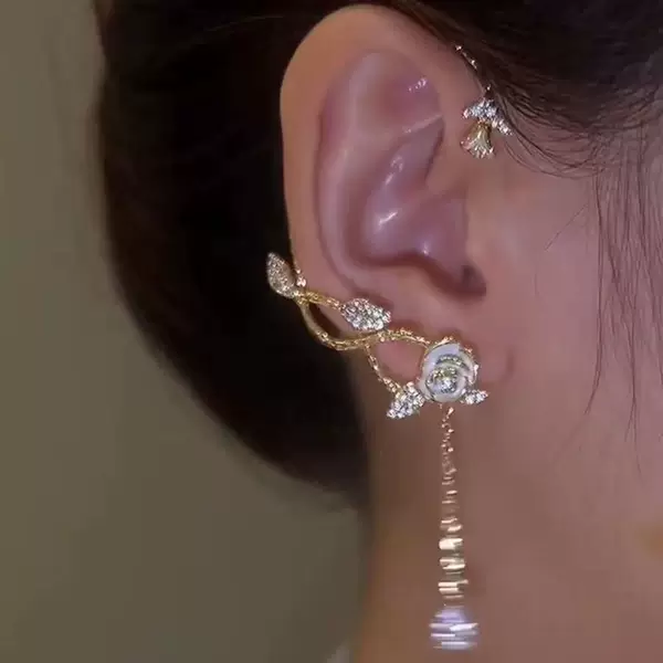Zircon New Rose Tassel Ear Hook Women's Ear Bone Clip Niche Design Super Fairy All-In-One Non-Pierced Earrings