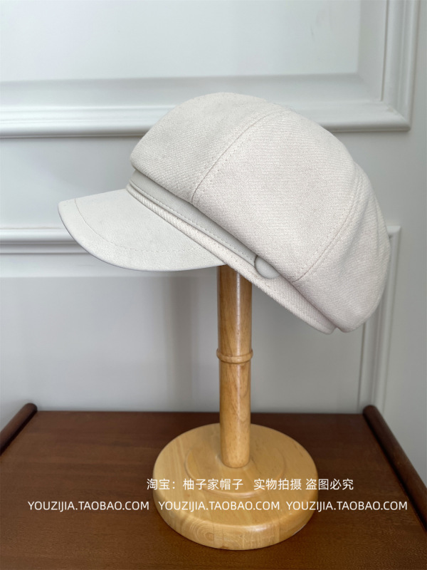 栗子拿铁~2025新款秋冬毛呢pu皮拼接贝雷帽女气质复古时尚八角帽|undefined