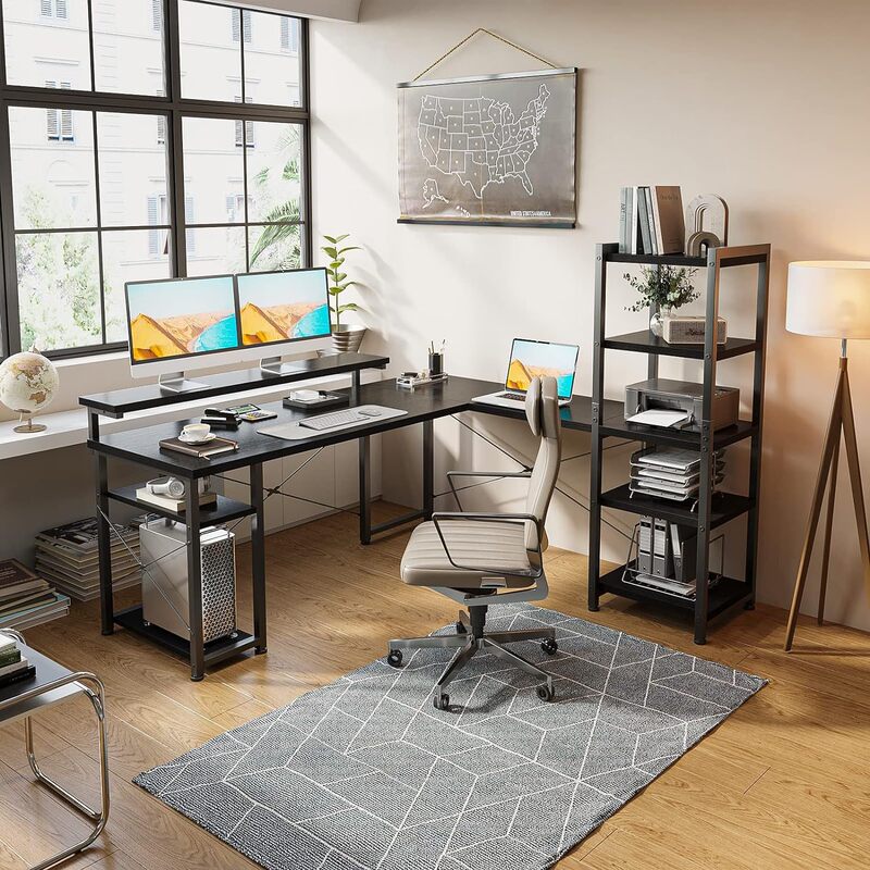 Factory Direct Sales Home Office Gaming Desk with Side Storage Shelves, L-Shaped Computer Desk with Headphone Hook