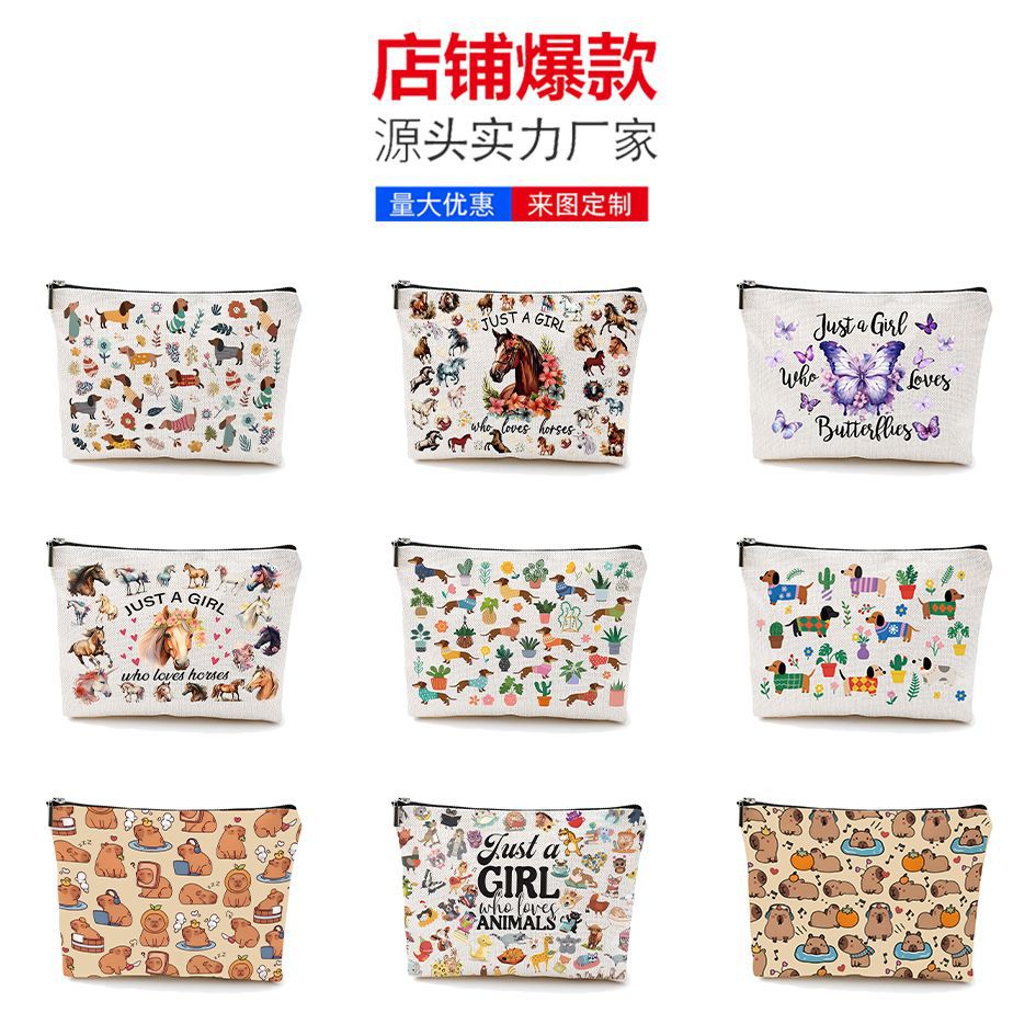 Nueva bolsa de maquillaje impermeable lino Amazon venta caliente bolsa de maquillaje de animales bolsa de mano bolsa de lavado bolsa de tela pequeña bolsa de almacenamiento