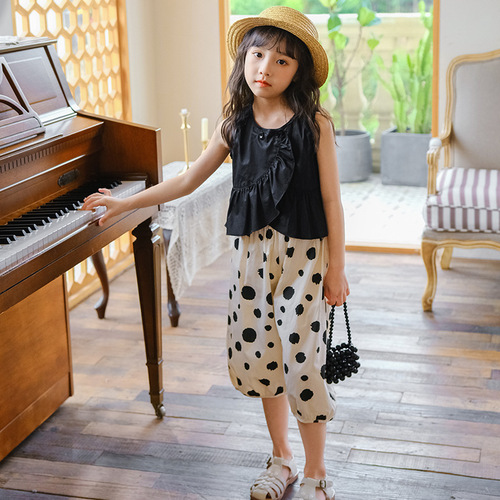 2024 summer new Korean style girls lotus leaf vest, stylish polka dot bloomers, fashionable two-piece set, dropshipping