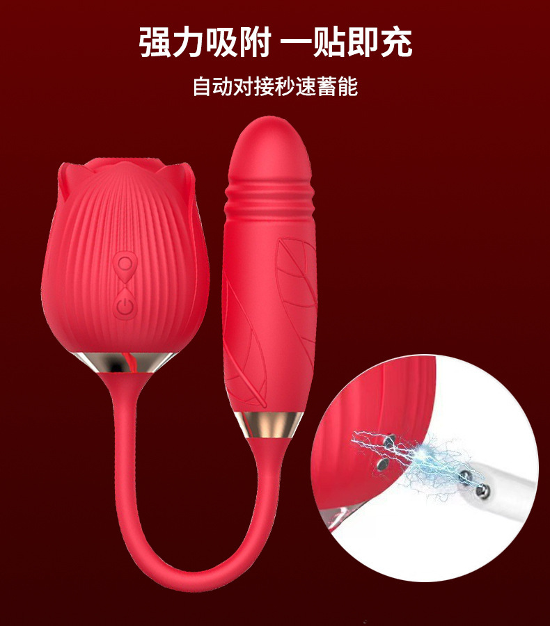 Rose Suction Vibrating Egg with Tongue Licking and Telescopic Motion, Silicone, Pink — detail image 10