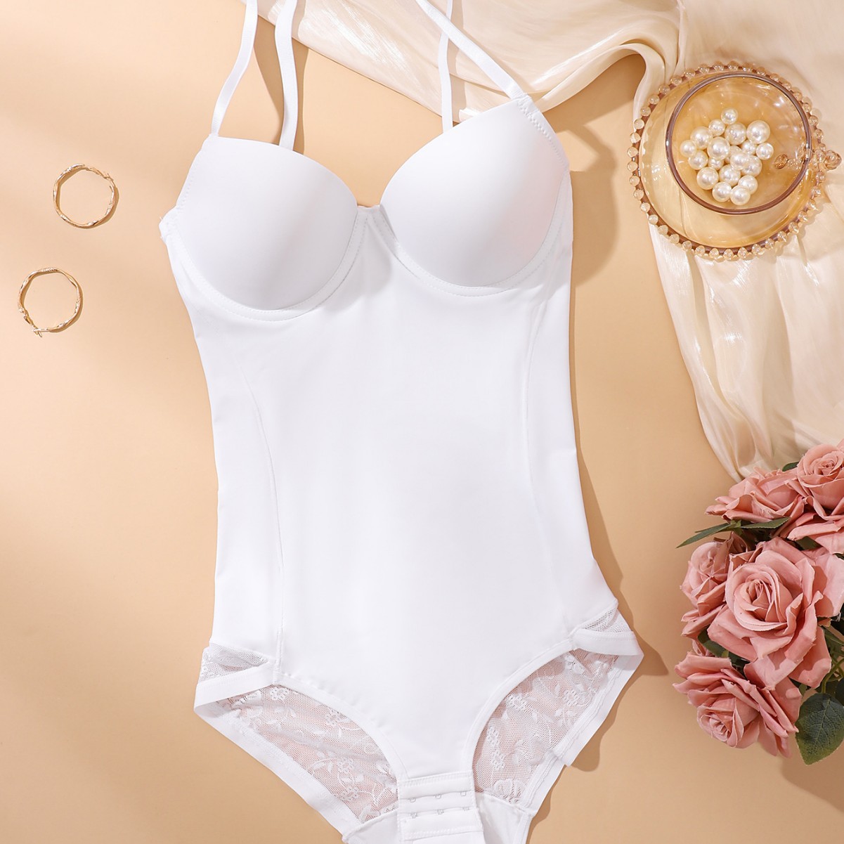 Body Faja Moldeador con Brasier de Nylon y Encaje Reductor Sin Costuras para Posparto